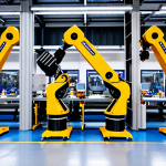 **Factory Automation in Action**: 
   - Prompt: "A modern factory floor with advanced automation technology. Machines communicating with each other, robotic arms assembling products, and real-time data displays showcasing increased productivity. A clean and organized workspace with workers overseeing operations."