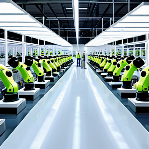 ** A modern, bright factory floor with collaborative robots (cobots) working alongside human employees. The factory is clean and well-lit, showcasing energy-efficient LED lighting. Visual elements should emphasize data visualization dashboards displaying energy consumption in real-time. The overall tone should be optimistic and forward-thinking, reflecting a green future.

**