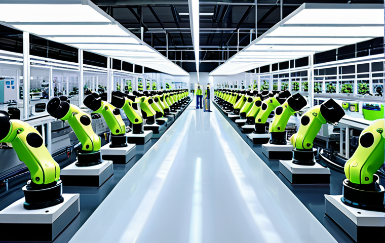 ** A modern, bright factory floor with collaborative robots (cobots) working alongside human employees. The factory is clean and well-lit, showcasing energy-efficient LED lighting. Visual elements should emphasize data visualization dashboards displaying energy consumption in real-time. The overall tone should be optimistic and forward-thinking, reflecting a green future.

**